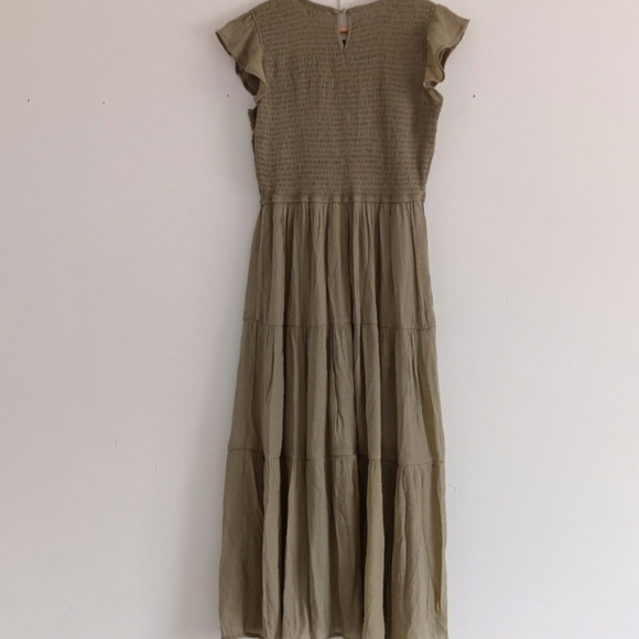 [ Roolee Boho Minimalist Modest Light Olive Green Smocked Ruffled Midi Dress ] - Picture 5 of 15